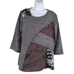 Ali Miles Patchwork Top Medium Printed 3/4 Sleeve Linen Blend NWT TP-3712
